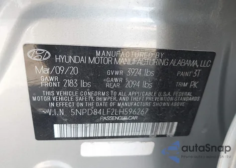 2020 Hyundai Elantra Sel z USA, uszkodzony, nr VIN 5NPD84LF2LH596267